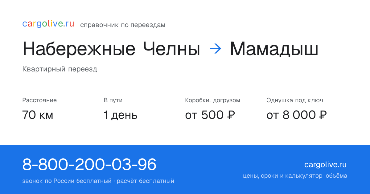 Переезд из Набережных Челнов в Мамадыш: 70 км, 1 день в пути, от 2 000 ₽