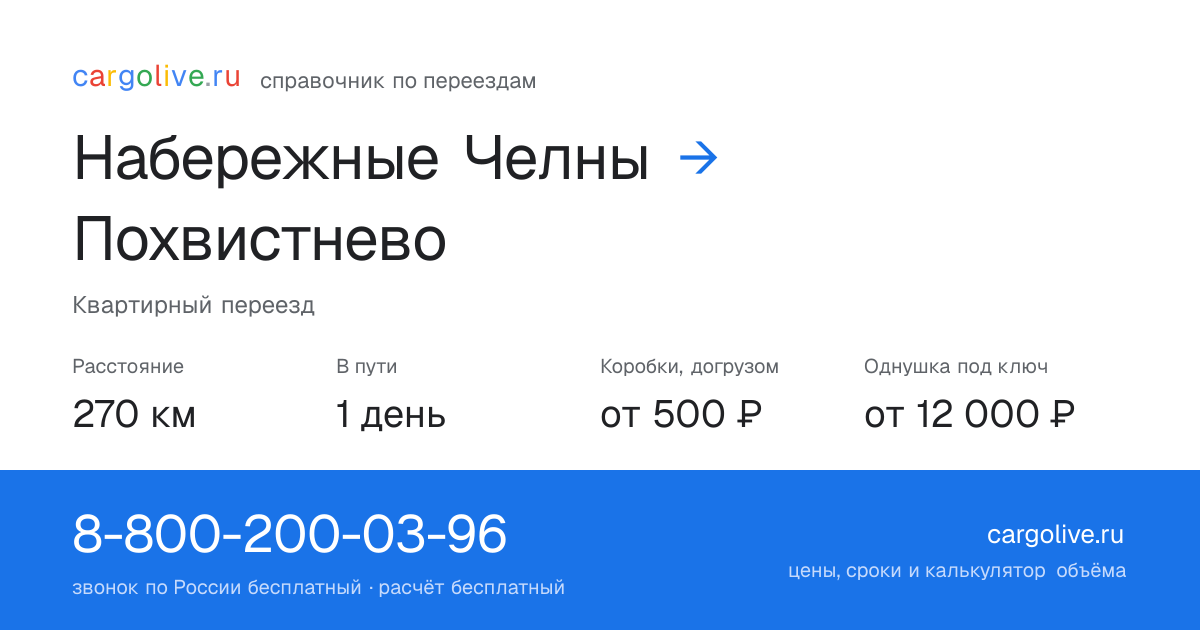 Переезд из Набережных Челнов в Похвистнево: 270 км, 1 день в пути, от 2 000 ₽