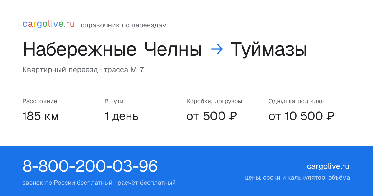 Переезд из Набережных Челнов в Туймазы: 185 км, 1 день в пути, от 2 000 ₽