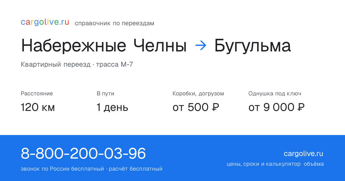 Переезд из Набережных Челнов в Бугульму: 120 км, 1 день в пути, от 2 000 ₽