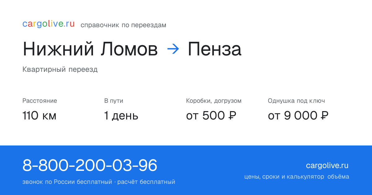 Переезд из Нижнего Ломова в Пензу: 110 км, 1 день в пути, от 2 000 ₽