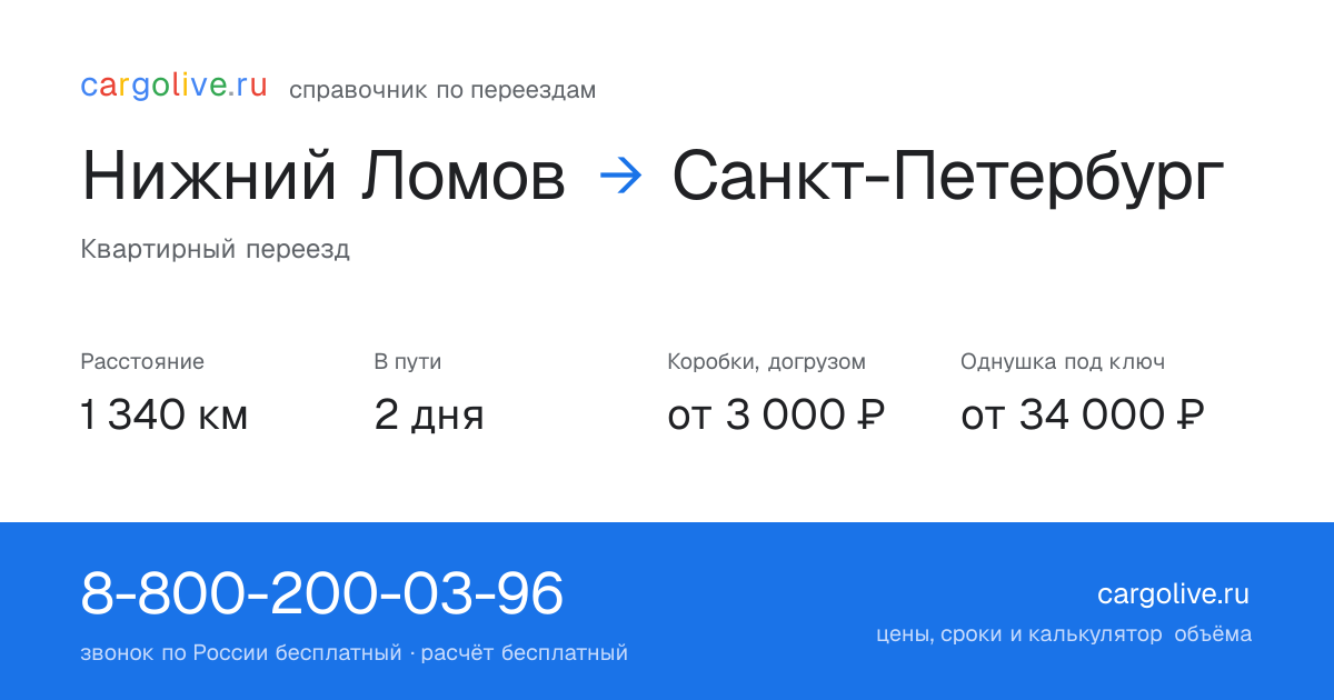 Переезд из Нижнего Ломова в Санкт-Петербург: 1 340 км, 2 дня в пути, от 3 000 ₽