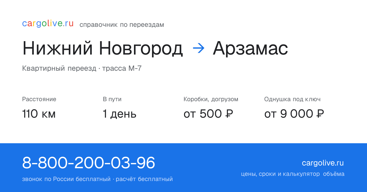 Переезд из Нижнего Новгорода в Арзамас: 110 км, 1 день в пути, от 2 000 ₽