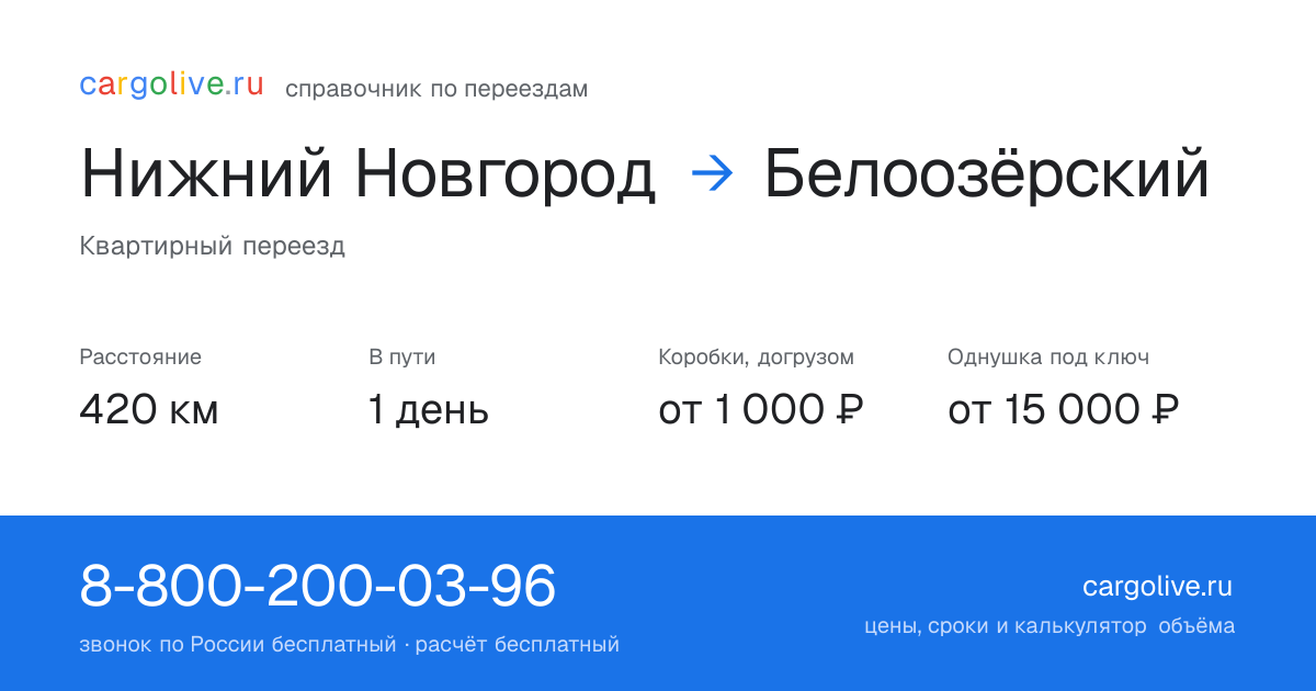 Переезд из Нижнего Новгорода в Белоозёрский: 420 км, 1 день в пути, от 2 000 ₽