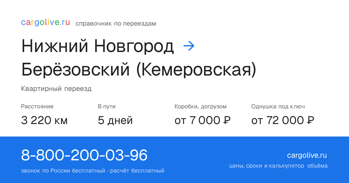 Переезд из Нижнего Новгорода в Берёзовский (Кемеровская): 3 220 км, 5 дней в пути, от 7 000 ₽