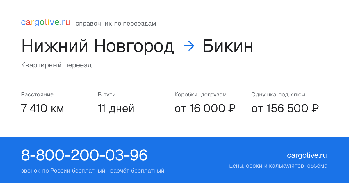 Переезд из Нижнего Новгорода в Бикин: 7 410 км, 11 дней в пути, от 16 000 ₽