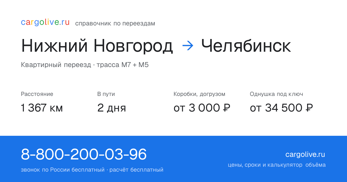 Переезд из Нижнего Новгорода в Челябинск: 1 367 км, 2 дня в пути, от 3 000 ₽