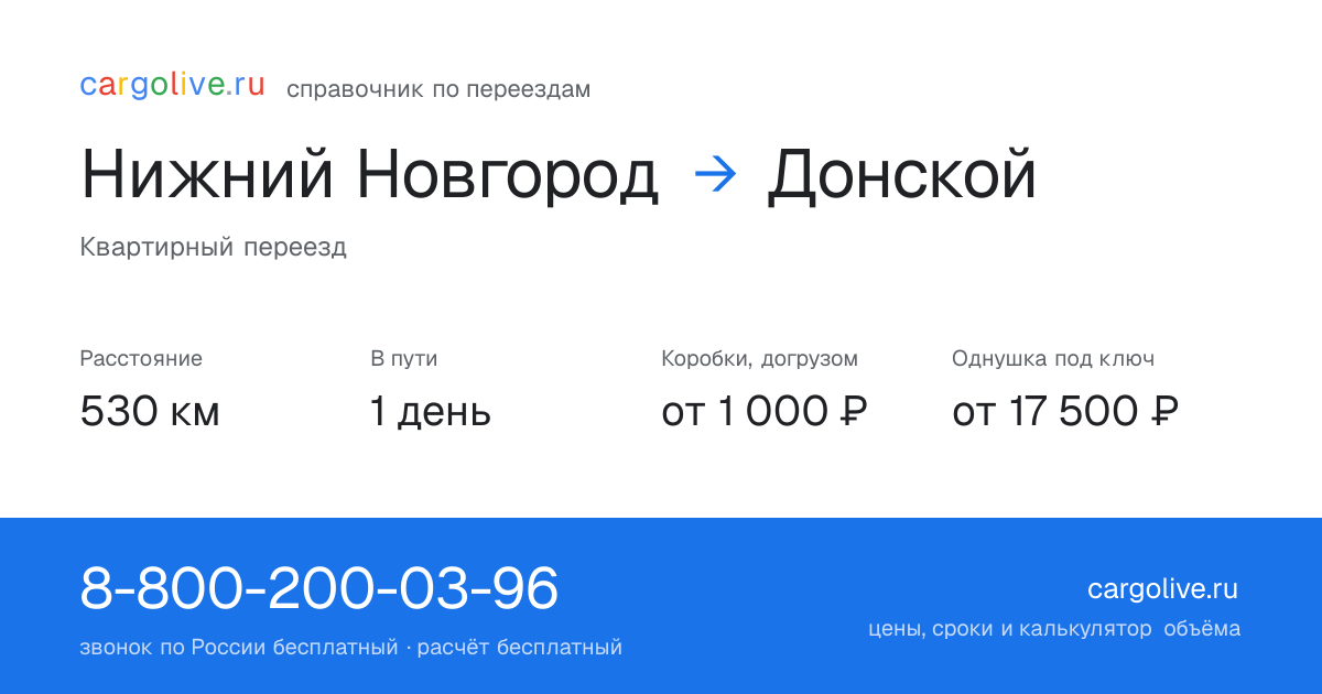 Переезд из Нижнего Новгорода в Донской: 530 км, 1 день в пути, от 2 000 ₽