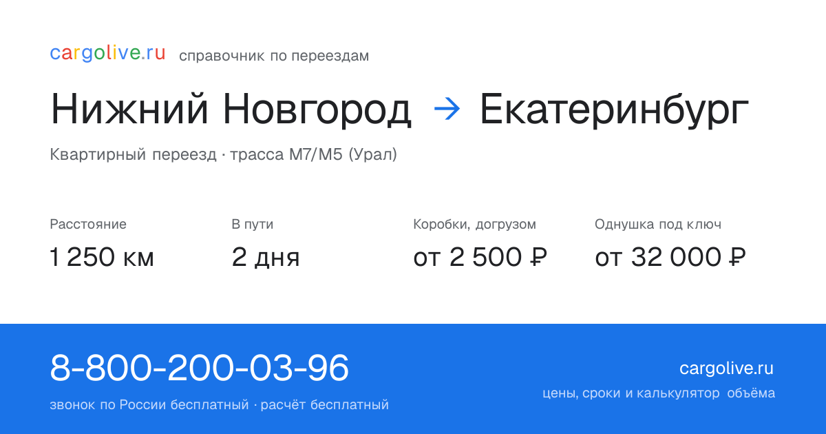 Переезд из Нижнего Новгорода в Екатеринбург: 1 250 км, 2 дня в пути, от 2 500 ₽