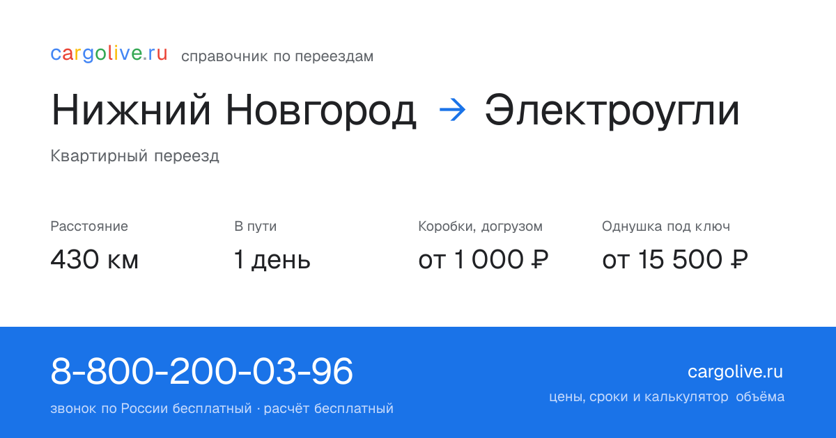 Переезд из Нижнего Новгорода в Электроугли: 430 км, 1 день в пути, от 2 000 ₽