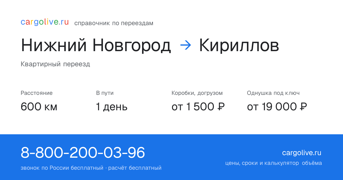 Переезд из Нижнего Новгорода в Кириллов: 600 км, 1 день в пути, от 2 000 ₽