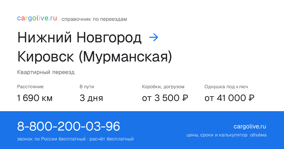 Переезд из Нижнего Новгорода в Кировск (Мурманская): 1 690 км, 3 дня в пути, от 3 500 ₽