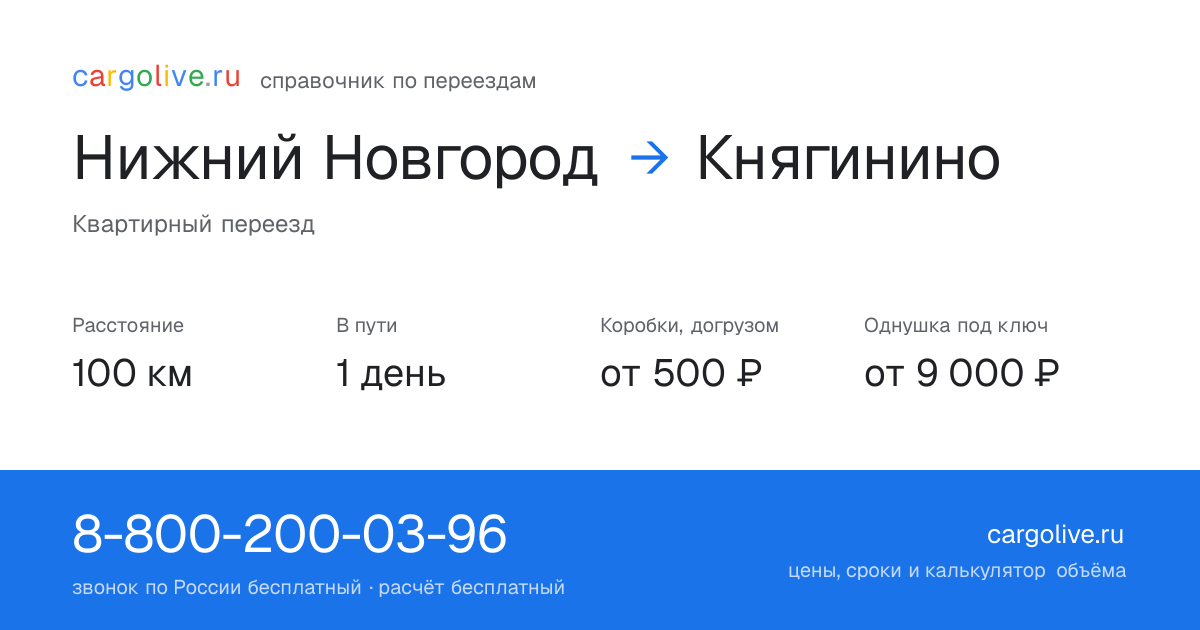Переезд из Нижнего Новгорода в Княгинино: 100 км, 1 день в пути, от 2 000 ₽