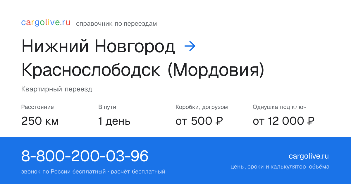 Переезд из Нижнего Новгорода в Краснослободск (Мордовия): 250 км, 1 день в пути, от 2 000 ₽