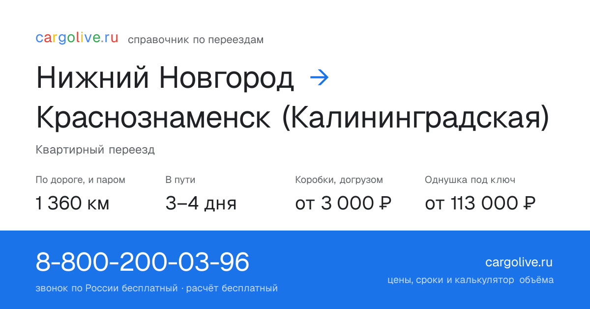 Переезд из Нижнего Новгорода в Краснознаменск (Калининградская): 1 360 км по дороге и паром, 3–4 дня в пути, от 3 000 ₽