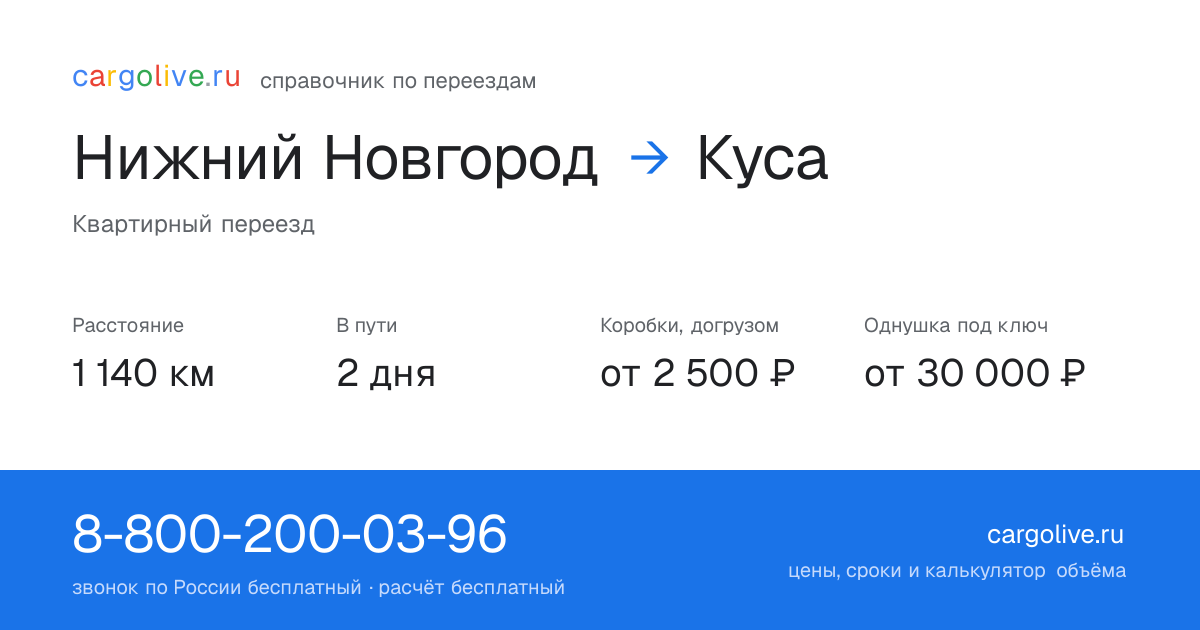 Переезд из Нижнего Новгорода в Кусу: 1 140 км, 2 дня в пути, от 2 500 ₽