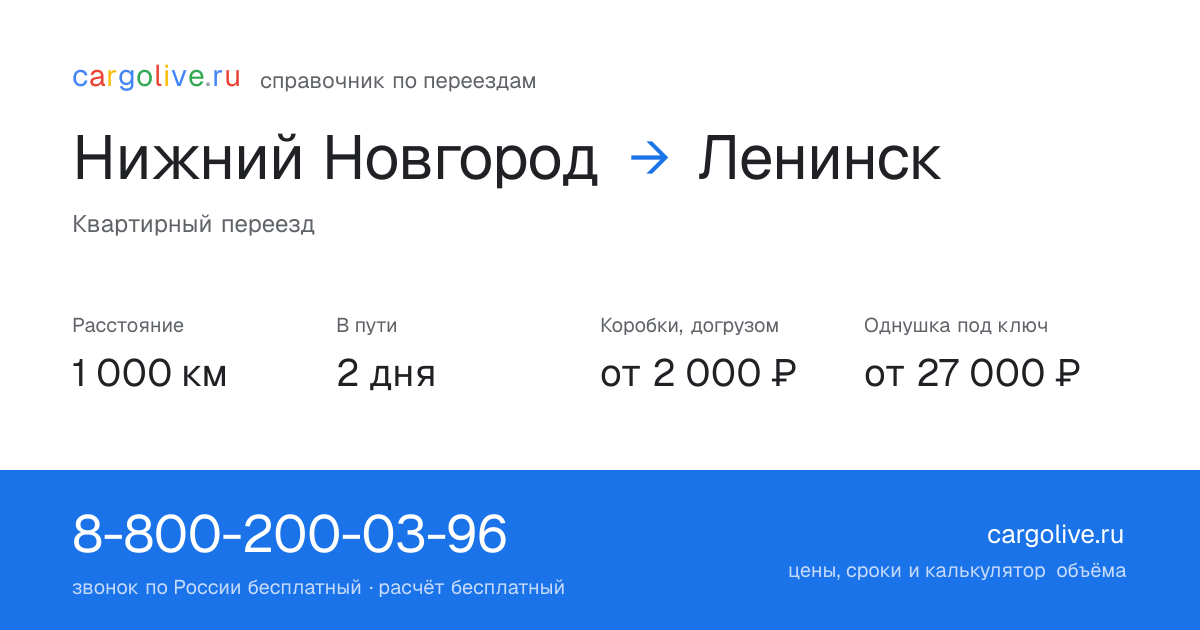 Переезд из Нижнего Новгорода в Ленинск: 1 000 км, 2 дня в пути, от 2 000 ₽