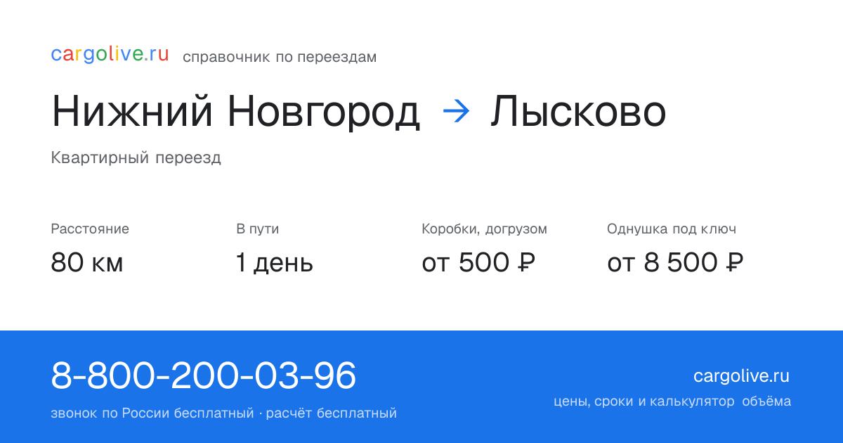 Переезд из Нижнего Новгорода в Лысково: 80 км, 1 день в пути, от 2 000 ₽
