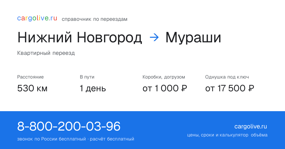 Переезд из Нижнего Новгорода в Мураши: 530 км, 1 день в пути, от 2 000 ₽