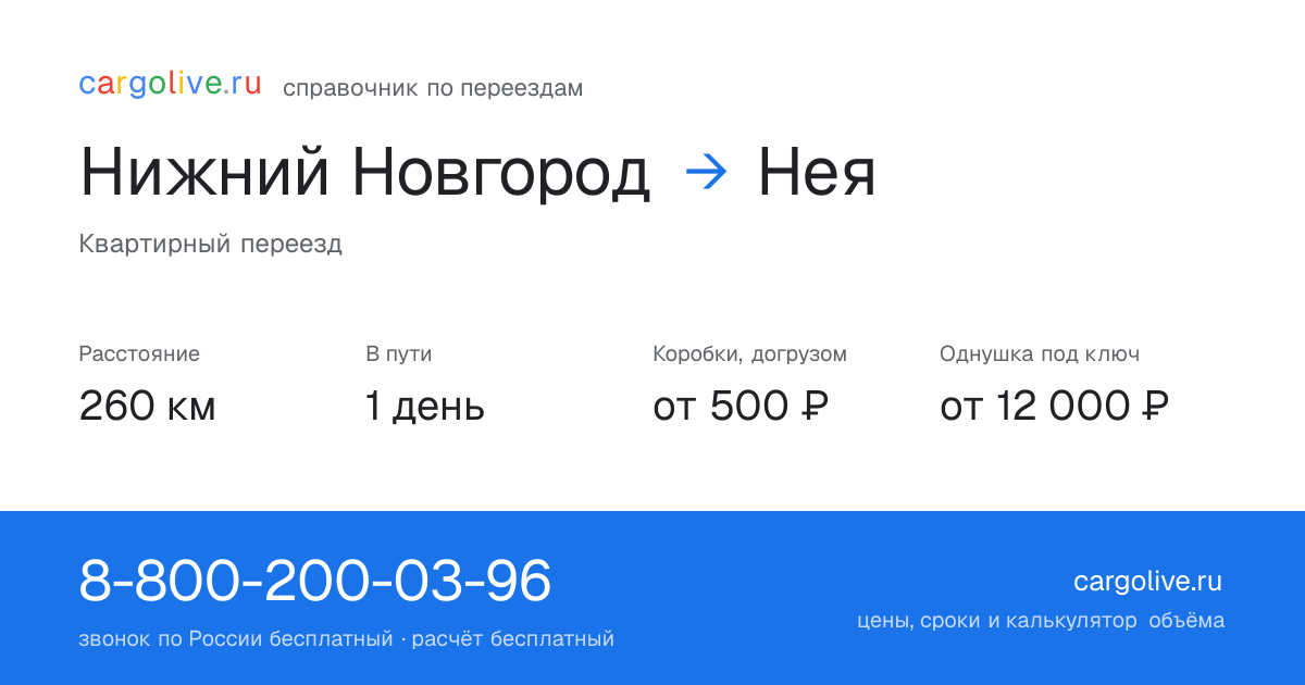 Переезд из Нижнего Новгорода в Нею: 260 км, 1 день в пути, от 2 000 ₽