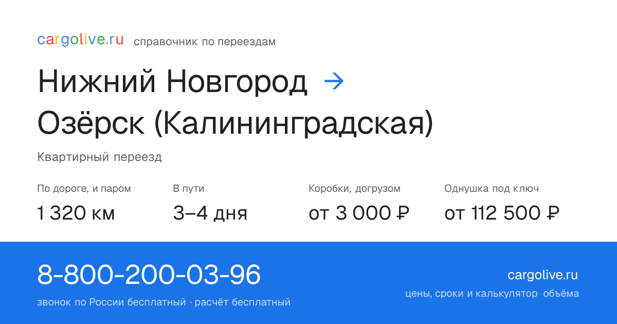 Переезд из Нижнего Новгорода в Озёрск (Калининградская): 1 320 км по дороге и паром, 3–4 дня в пути, от 3 000 ₽
