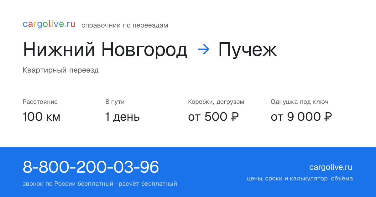 Переезд из Нижнего Новгорода в Пучеж: 100 км, 1 день в пути, от 2 000 ₽