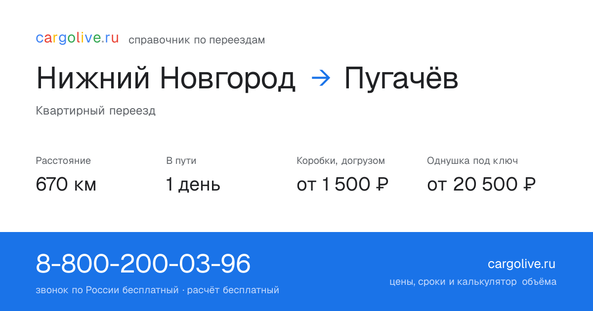 Переезд из Нижнего Новгорода в Пугачёв: 670 км, 1 день в пути, от 2 000 ₽