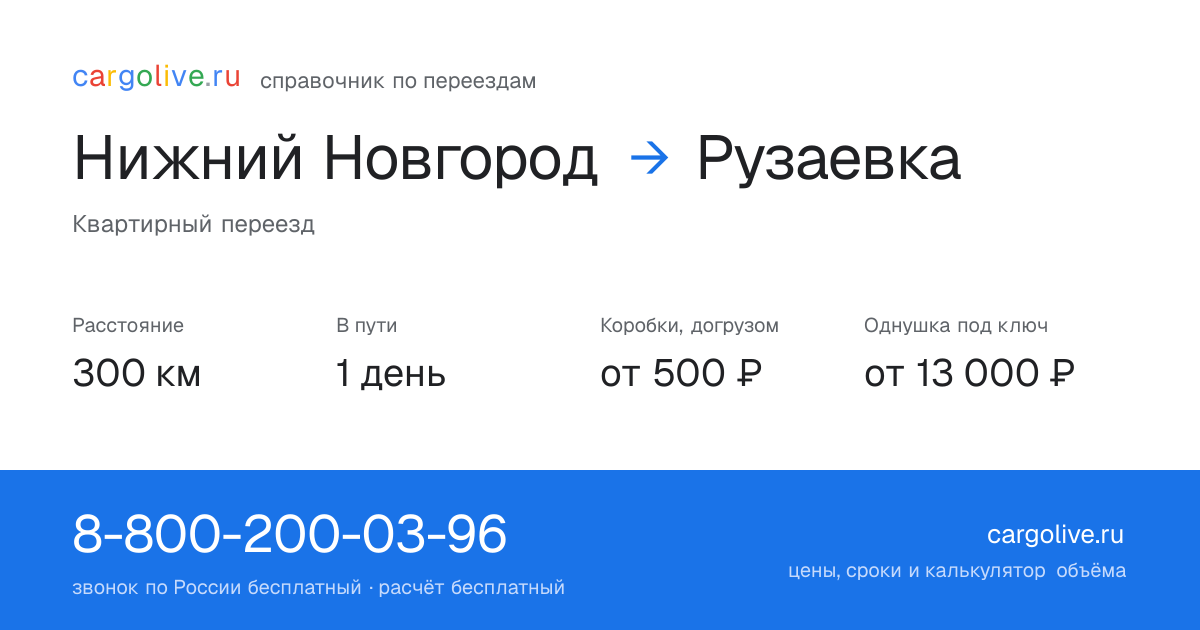 Переезд из Нижнего Новгорода в Рузаевку: 300 км, 1 день в пути, от 2 000 ₽