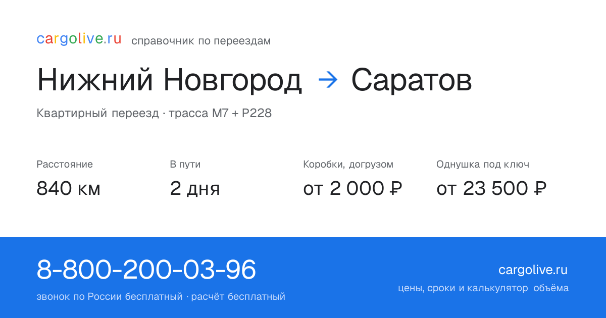 Переезд из Нижнего Новгорода в Саратов: 840 км, 2 дня в пути, от 2 000 ₽