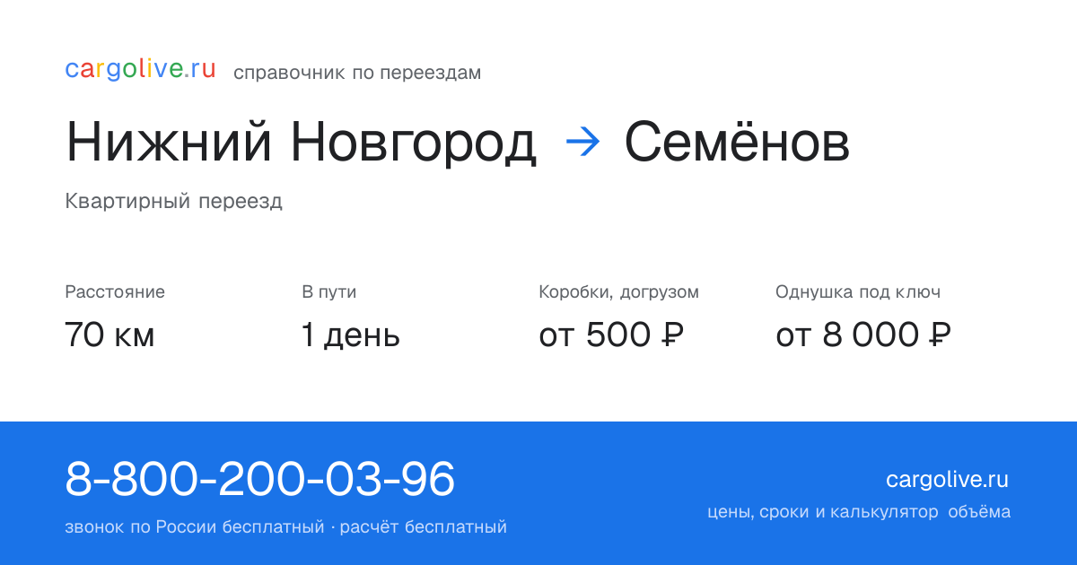 Переезд из Нижнего Новгорода в Семёнов: 70 км, 1 день в пути, от 2 000 ₽