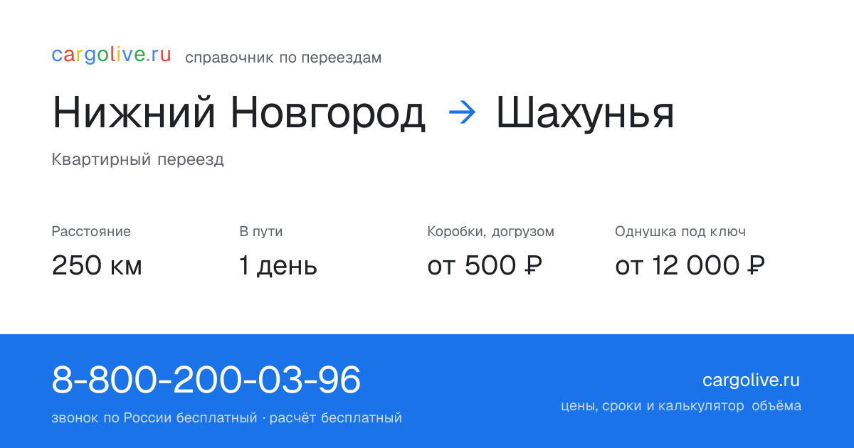Переезд из Нижнего Новгорода в Шахунью: 250 км, 1 день в пути, от 2 000 ₽