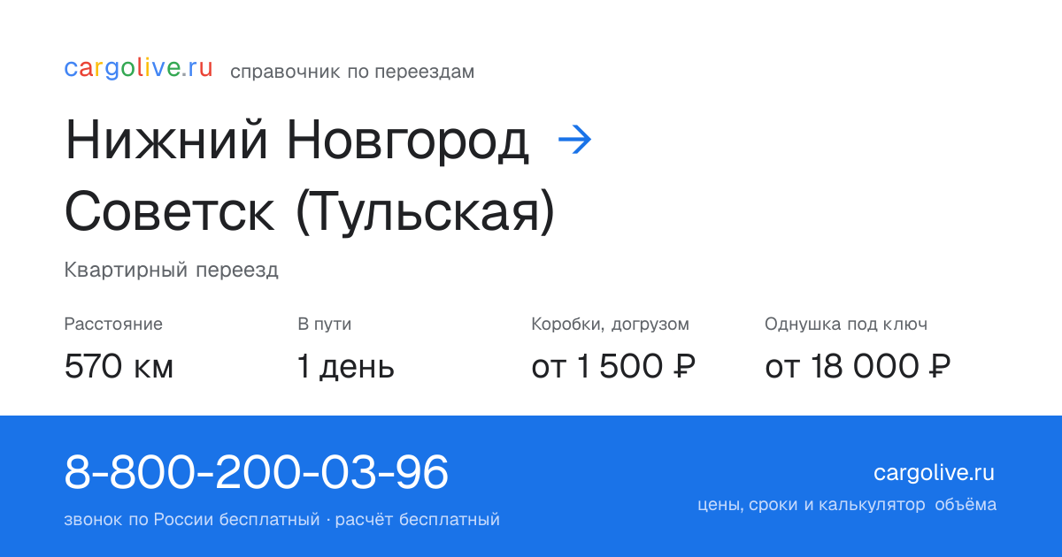 Переезд из Нижнего Новгорода в Советск (Тульская): 570 км, 1 день в пути, от 2 000 ₽