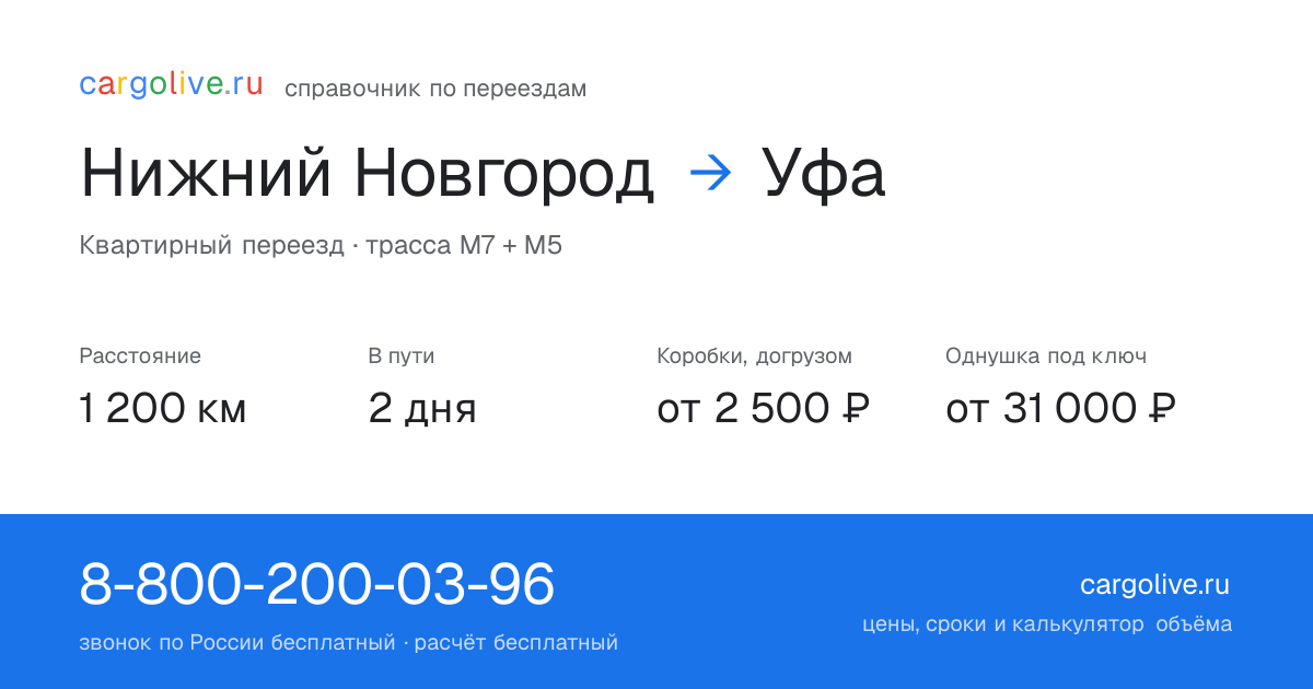 Переезд из Нижнего Новгорода в Уфу: 1 200 км, 2 дня в пути, от 2 500 ₽