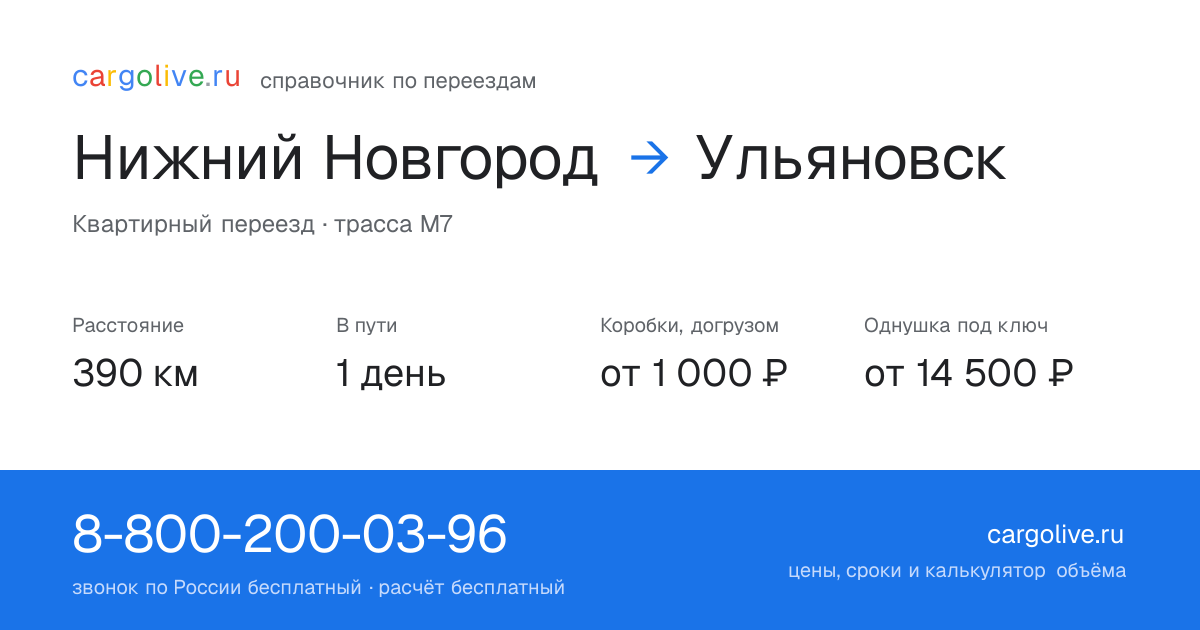 Переезд из Нижнего Новгорода в Ульяновск: 390 км, 1 день в пути, от 2 000 ₽