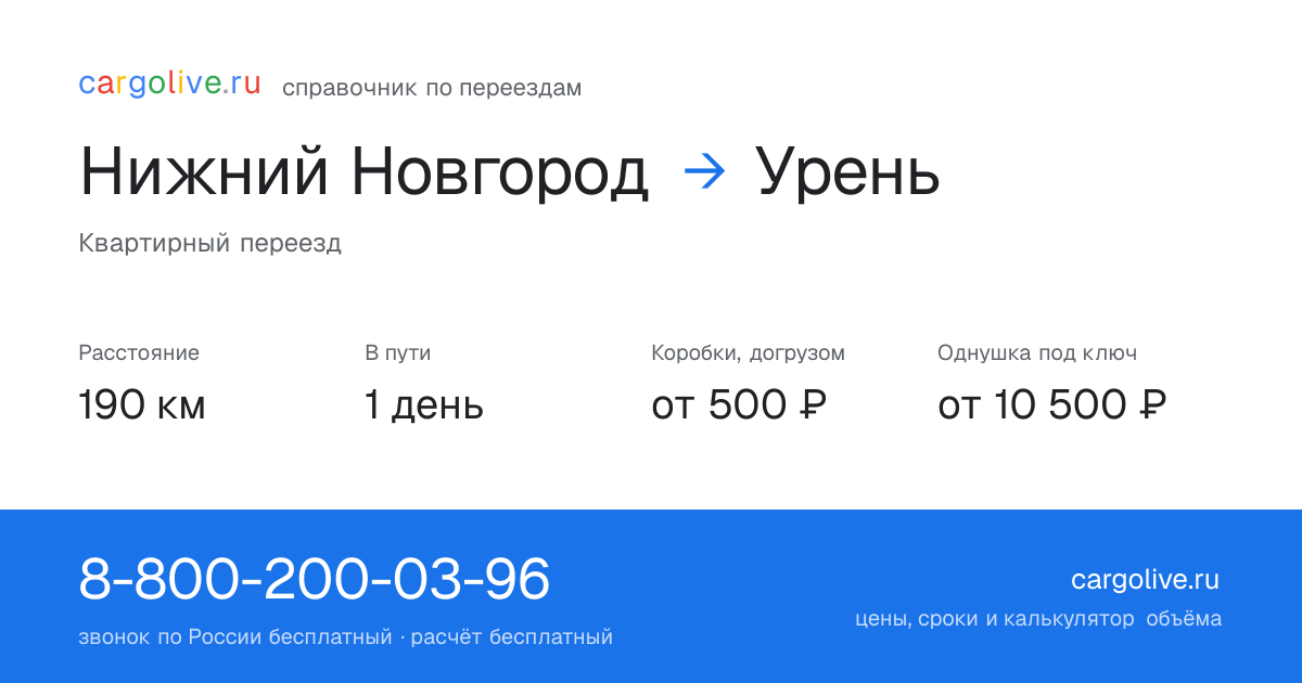 Переезд из Нижнего Новгорода в Урень: 190 км, 1 день в пути, от 2 000 ₽