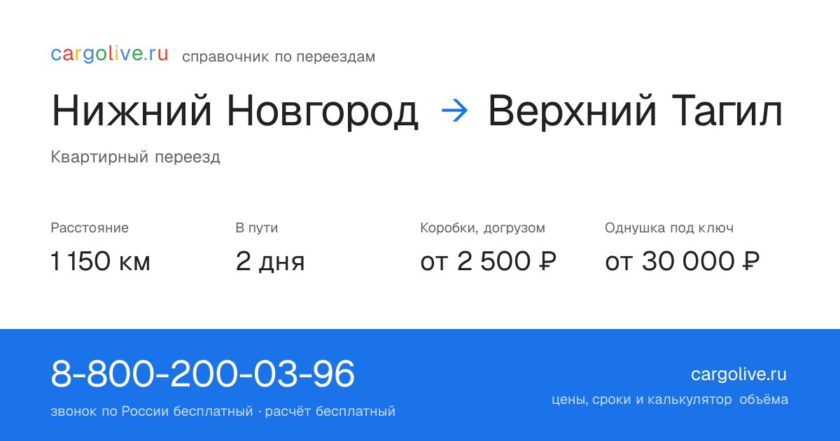 Переезд из Нижнего Новгорода в Верхний Тагил: 1 150 км, 2 дня в пути, от 2 500 ₽