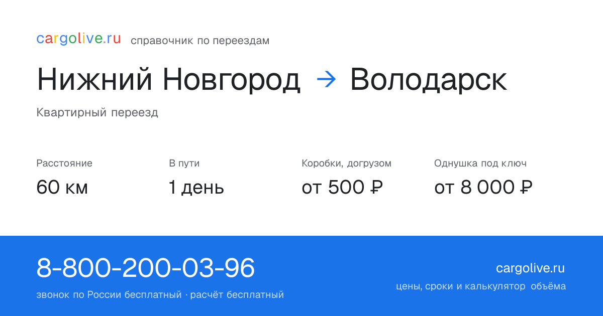Переезд из Нижнего Новгорода в Володарск: 60 км, 1 день в пути, от 2 000 ₽
