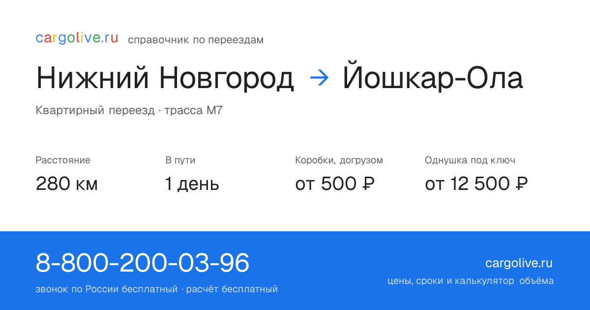 Переезд из Нижнего Новгорода в Йошкар-Олу: 280 км, 1 день в пути, от 2 000 ₽