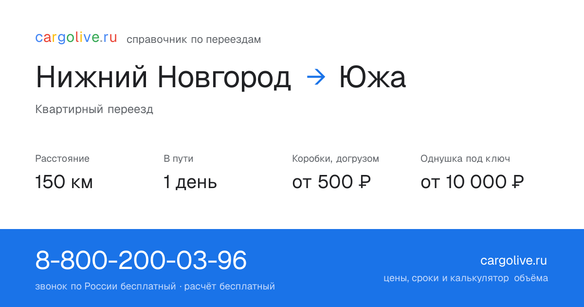 Переезд из Нижнего Новгорода в Южу: 150 км, 1 день в пути, от 2 000 ₽