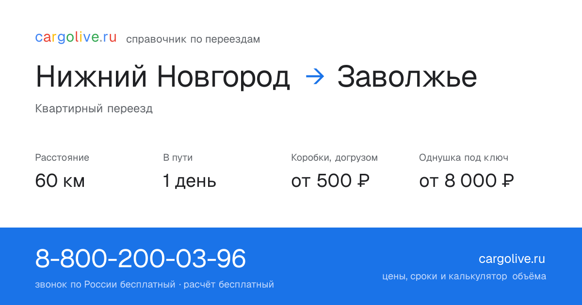 Переезд из Нижнего Новгорода в Заволжье: 60 км, 1 день в пути, от 2 000 ₽