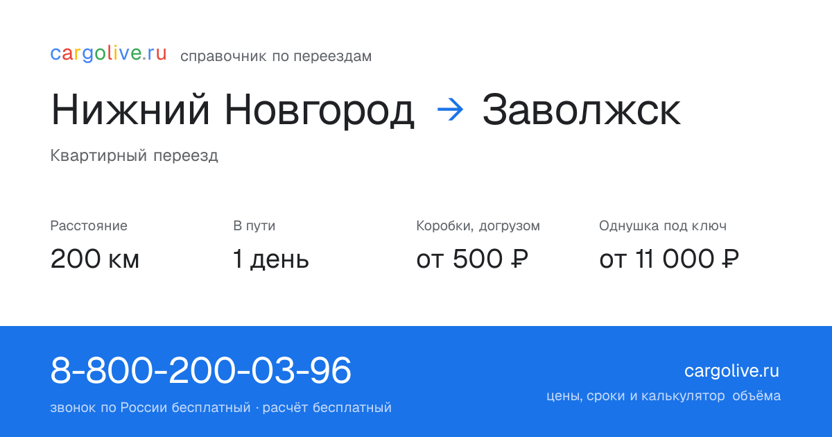 Переезд из Нижнего Новгорода в Заволжск: 200 км, 1 день в пути, от 2 000 ₽