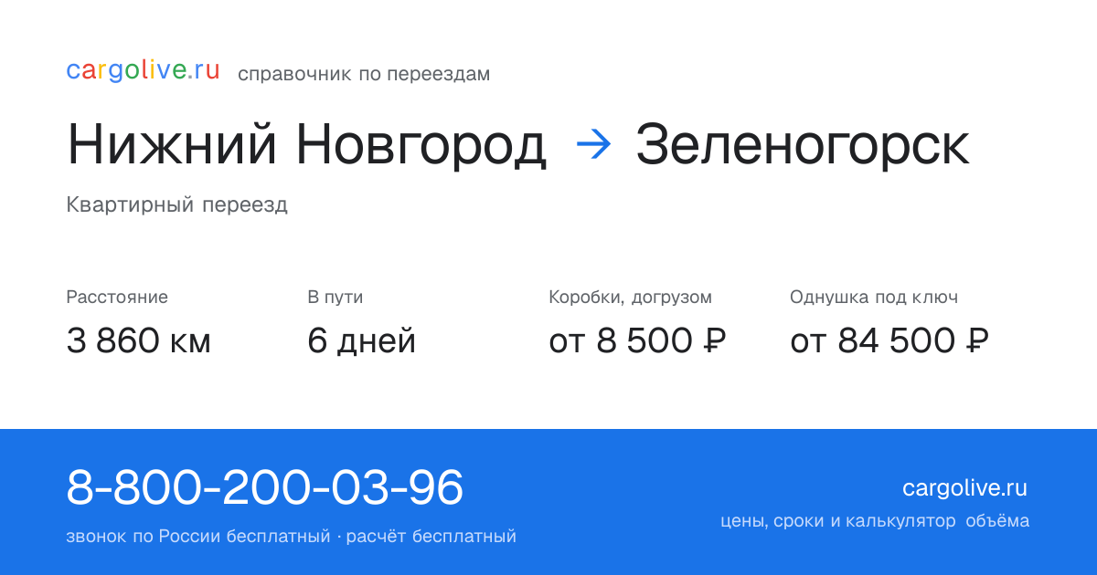 Переезд из Нижнего Новгорода в Зеленогорск: 3 860 км, 6 дней в пути, от 8 500 ₽