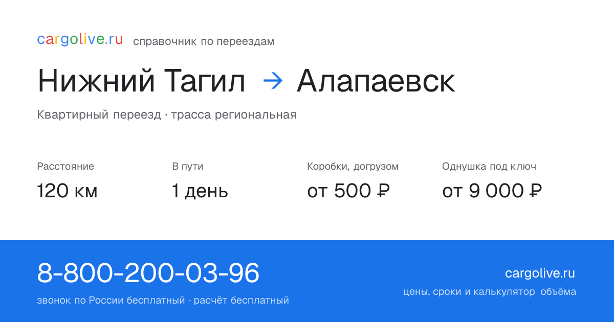 Переезд из Нижнего Тагила в Алапаевск: 120 км, 1 день в пути, от 2 000 ₽