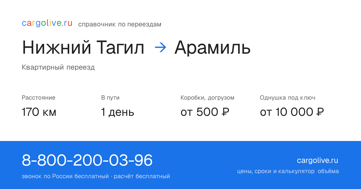 Переезд из Нижнего Тагила в Арамиль: 170 км, 1 день в пути, от 2 000 ₽