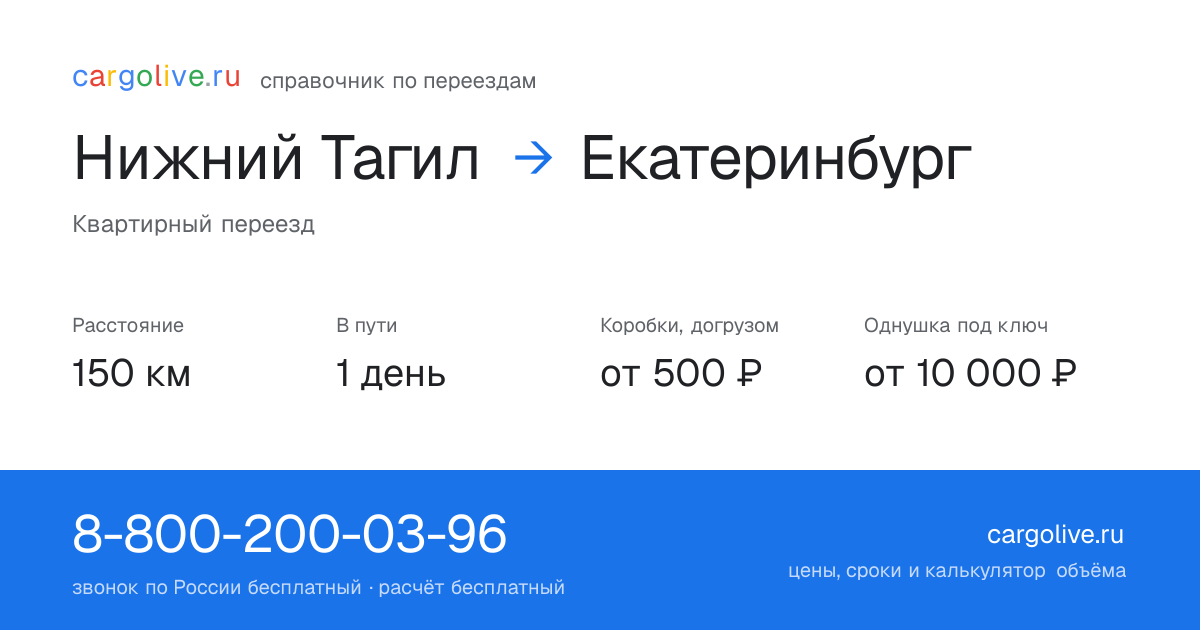 Переезд из Нижнего Тагила в Екатеринбург: 150 км, 1 день в пути, от 2 000 ₽