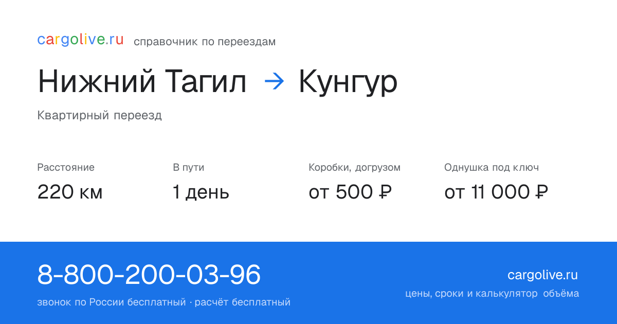 Переезд из Нижнего Тагила в Кунгур: 220 км, 1 день в пути, от 2 000 ₽