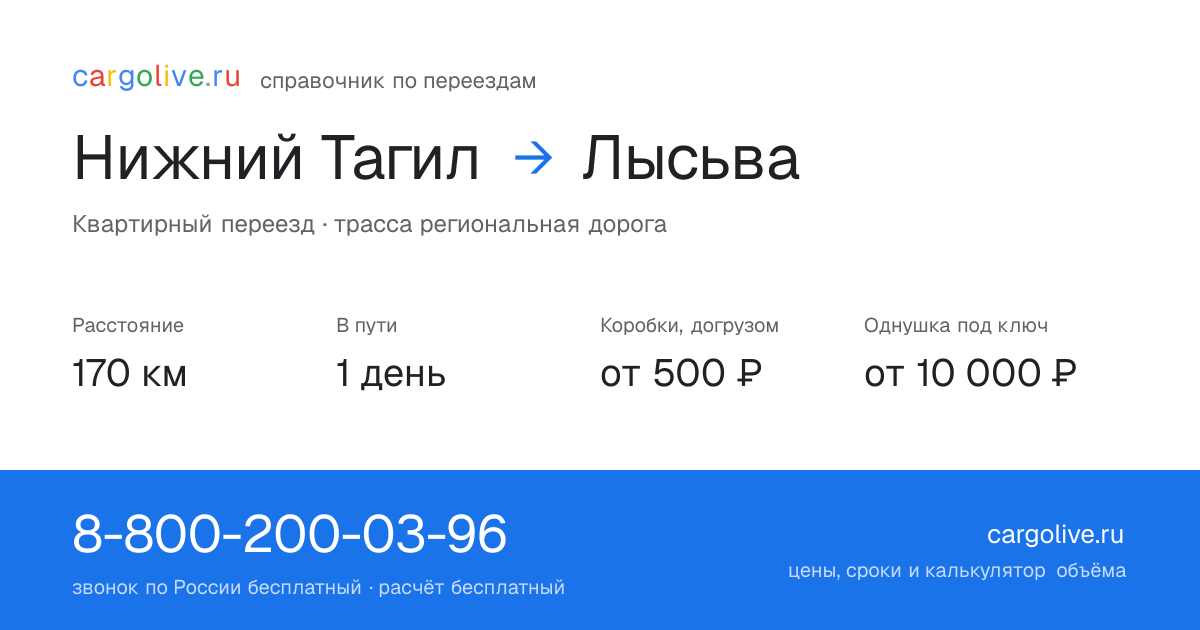 Переезд из Нижнего Тагила в Лысьву: 170 км, 1 день в пути, от 2 000 ₽