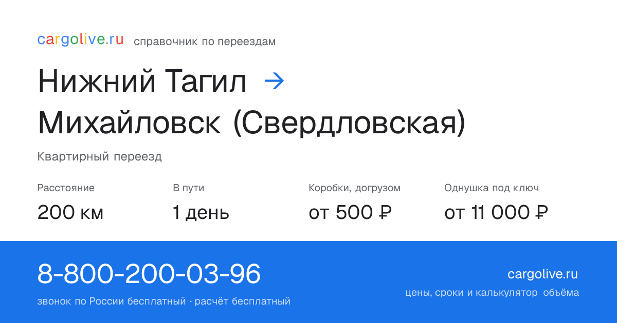 Переезд из Нижнего Тагила в Михайловск (Свердловская): 200 км, 1 день в пути, от 2 000 ₽
