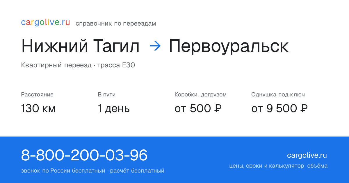 Переезд из Нижнего Тагила в Первоуральск: 130 км, 1 день в пути, от 2 000 ₽