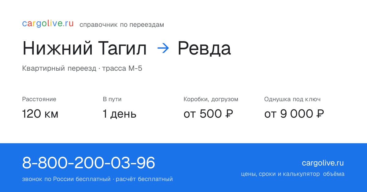 Переезд из Нижнего Тагила в Ревду: 120 км, 1 день в пути, от 2 000 ₽